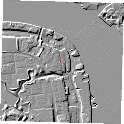 Shaded relief map of the ground around SE165EW, computed from Environment Agency LiDAR. The ground here sits at about 5 m above sea level and falls 12 m across the surrounding 800 m. Surface water reaching this point runs off ground lying to the north-west, 2.7 m higher.