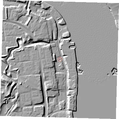 Shaded relief map of the ground around SE165EX, computed from Environment Agency LiDAR. The ground here sits at about 2 m above sea level and falls 12 m across the surrounding 800 m. Surface water reaching this point runs off ground lying to the west-south-west, 12.3 m higher.
