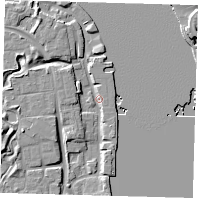 Shaded relief map of the ground around SE165EY, computed from Environment Agency LiDAR. The ground here sits at about 4 m above sea level and falls 11 m across the surrounding 800 m. Surface water reaching this point runs off ground lying to the north-west, 8.4 m higher.