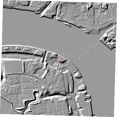 Shaded relief map of the ground around SE165FS, computed from Environment Agency LiDAR. The ground here sits at about 4 m above sea level and falls 9 m across the surrounding 800 m. Surface water reaching this point runs off ground lying to the south-west, 6.5 m higher.