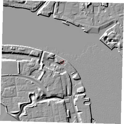 Shaded relief map of the ground around SE165FT, computed from Environment Agency LiDAR. The ground here sits at about 4 m above sea level and falls 9 m across the surrounding 800 m. Surface water reaching this point runs off ground lying to the west-south-west, 6.5 m higher.