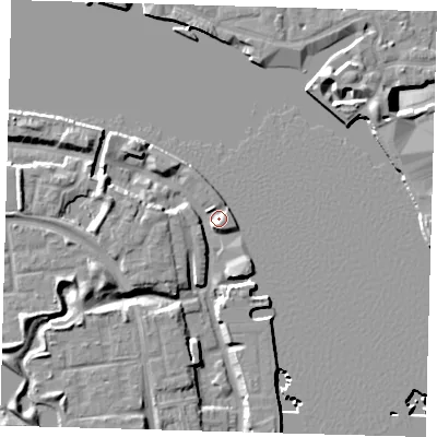 Shaded relief map of the ground around SE165FX, computed from Environment Agency LiDAR. The ground here sits at about 4 m above sea level and falls 11 m across the surrounding 800 m. Surface water reaching this point runs off ground lying to the west, 6.5 m higher.