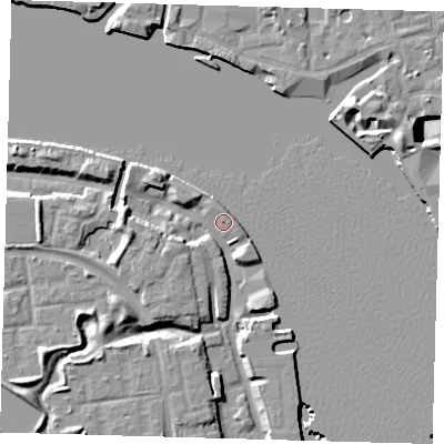 Shaded relief map of the ground around SE165FZ, computed from Environment Agency LiDAR. The ground here sits at about 4 m above sea level and falls 10 m across the surrounding 800 m. Surface water reaching this point runs off ground lying to the west, 6.5 m higher.