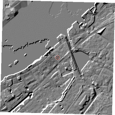 Shaded relief map of the ground around SE165GA, computed from Environment Agency LiDAR. The ground here sits at about 4 m above sea level and falls 20 m across the surrounding 800 m. Surface water reaching this point runs off ground lying to the west-north-west, 3.7 m higher.