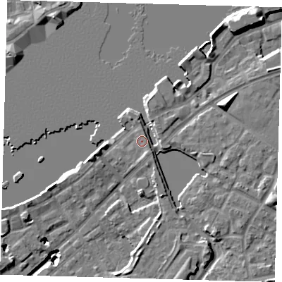 Shaded relief map of the ground around SE165GB, computed from Environment Agency LiDAR. The ground here sits at about 5 m above sea level and falls 20 m across the surrounding 800 m. Surface water reaching this point runs off ground lying to the south-east, 1.9 m higher.