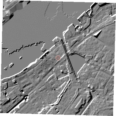 Shaded relief map of the ground around SE165GD, computed from Environment Agency LiDAR. The ground here sits at about 4 m above sea level and falls 20 m across the surrounding 800 m. Surface water reaching this point runs off ground lying to the north, 0.6 m higher.