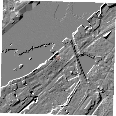 Shaded relief map of the ground around SE165GE, computed from Environment Agency LiDAR. The ground here sits at about 4 m above sea level and falls 20 m across the surrounding 800 m. Surface water reaching this point runs off ground lying to the north-north-east, 2.4 m higher.