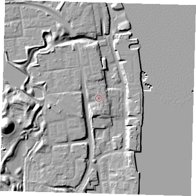 Shaded relief map of the ground around SE165GY, computed from Environment Agency LiDAR. The ground here sits at about 5 m above sea level and falls 19 m across the surrounding 800 m. Surface water reaching this point runs off ground lying to the south-south-east, 1.7 m higher.