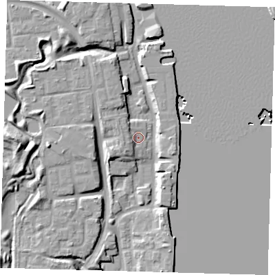 Shaded relief map of the ground around SE165GZ, computed from Environment Agency LiDAR. The ground here sits at about 3 m above sea level and falls 12 m across the surrounding 800 m. Surface water reaching this point runs off ground lying to the west-south-west, 3.0 m higher.