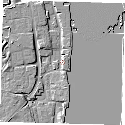 Shaded relief map of the ground around SE165HA, computed from Environment Agency LiDAR. The ground here sits at about 4 m above sea level and falls 9 m across the surrounding 800 m. Surface water reaching this point runs off ground lying to the west, 7.1 m higher.
