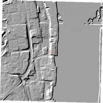 Shaded relief map of the ground around SE165HD, computed from Environment Agency LiDAR. The ground here sits at about 6 m above sea level and falls 10 m across the surrounding 800 m. Surface water reaching this point runs off ground lying to the west, 7.1 m higher.