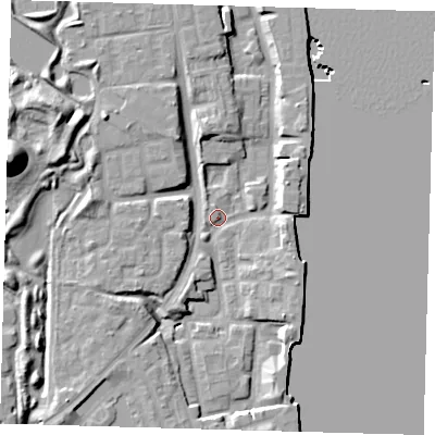 Shaded relief map of the ground around SE165HE, computed from Environment Agency LiDAR. The ground here sits at about 3 m above sea level and falls 19 m across the surrounding 800 m. Surface water reaching this point runs off ground lying to the west, 8.1 m higher.