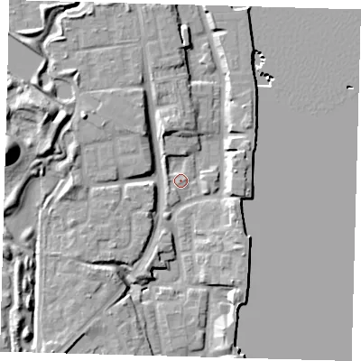 Shaded relief map of the ground around SE165HF, computed from Environment Agency LiDAR. The ground here sits at about 2 m above sea level and falls 19 m across the surrounding 800 m. Surface water reaching this point runs off ground lying to the west, 7.1 m higher.