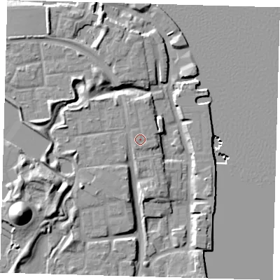 Shaded relief map of the ground around SE165HH, computed from Environment Agency LiDAR. The ground here sits at about 6 m above sea level and falls 19 m across the surrounding 800 m. Surface water reaching this point runs off ground lying to the south-south-west, 0.6 m higher.