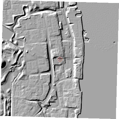 Shaded relief map of the ground around SE165HJ, computed from Environment Agency LiDAR. The ground here sits at about 4 m above sea level and falls 19 m across the surrounding 800 m. Surface water reaching this point runs off ground lying to the west-north-west, 3.8 m higher.