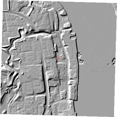 Shaded relief map of the ground around SE165HL, computed from Environment Agency LiDAR. The ground here sits at about 2 m above sea level and falls 12 m across the surrounding 800 m. Surface water reaching this point runs off ground lying to the south-west, 7.2 m higher.