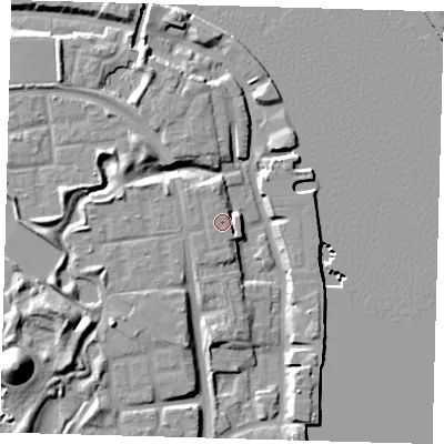 Shaded relief map of the ground around SE165HT, computed from Environment Agency LiDAR. The ground here sits at about 6 m above sea level and falls 19 m across the surrounding 800 m. Surface water reaching this point runs off ground lying to the south-west, 2.9 m higher.