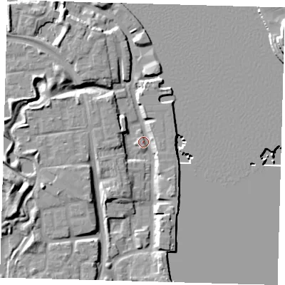 Shaded relief map of the ground around SE165HU, computed from Environment Agency LiDAR. The ground here sits at about 3 m above sea level and falls 12 m across the surrounding 800 m. Surface water reaching this point runs off ground lying to the south-west, 7.2 m higher.