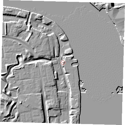 Shaded relief map of the ground around SE165HW, computed from Environment Agency LiDAR. The ground here sits at about 5 m above sea level and falls 14 m across the surrounding 800 m. Surface water reaching this point runs off ground lying to the south-west, 10.4 m higher.
