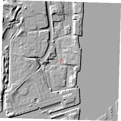 Shaded relief map of the ground around SE165LJ, computed from Environment Agency LiDAR. The ground here sits at about 2 m above sea level and falls 12 m across the surrounding 800 m. Surface water reaching this point runs off ground lying to the south-west, 7.0 m higher.