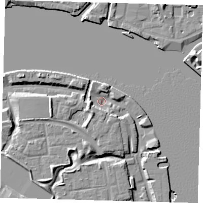 Shaded relief map of the ground around SE165NY, computed from Environment Agency LiDAR. The ground here sits at about 3 m above sea level and falls 9 m across the surrounding 800 m. Surface water reaching this point runs off ground lying to the south-west, 6.5 m higher.