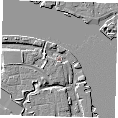 Shaded relief map of the ground around SE165NZ, computed from Environment Agency LiDAR. The ground here sits at about 4 m above sea level and falls 9 m across the surrounding 800 m. Surface water reaching this point runs off ground lying to the south, 5.1 m higher.