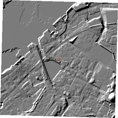 Shaded relief map of the ground around SE165PB, computed from Environment Agency LiDAR. The ground here sits at about 5 m above sea level and falls 29 m across the surrounding 800 m. Surface water reaching this point runs off ground lying to the east, 0.7 m higher.