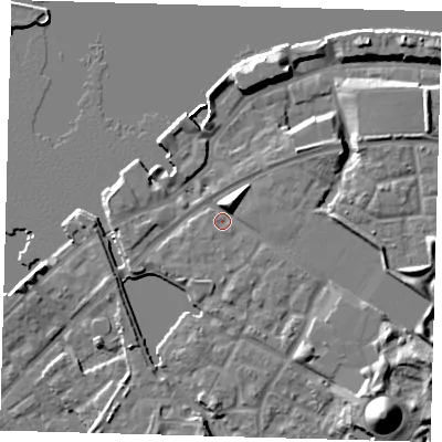 Shaded relief map of the ground around SE165PD, computed from Environment Agency LiDAR. The ground here sits at about 5 m above sea level and falls 17 m across the surrounding 800 m. Surface water reaching this point runs off ground lying to the north-north-east, 5.0 m higher.