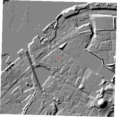 Shaded relief map of the ground around SE165PF, computed from Environment Agency LiDAR. The ground here sits at about 6 m above sea level and falls 17 m across the surrounding 800 m. Surface water reaching this point runs off ground lying to the south-south-east, 0.7 m higher.