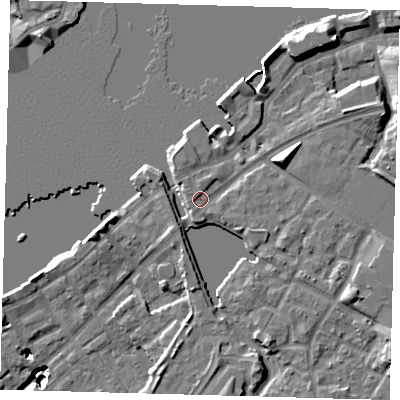 Shaded relief map of the ground around SE165PN, computed from Environment Agency LiDAR. The ground here sits at about 5 m above sea level and falls 20 m across the surrounding 800 m. Surface water reaching this point runs off ground lying to the west-north-west, 1.2 m higher.