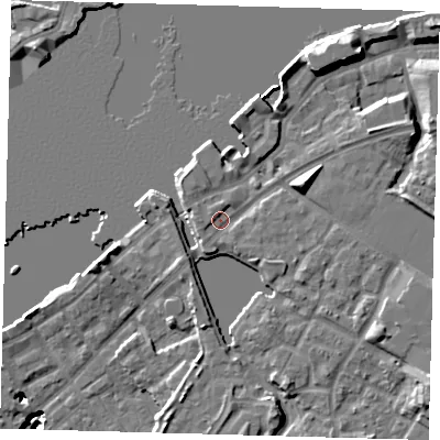Shaded relief map of the ground around SE165PP, computed from Environment Agency LiDAR. The ground here sits at about 5 m above sea level and falls 21 m across the surrounding 800 m. Surface water reaching this point runs off ground lying to the east-north-east, 5.3 m higher.