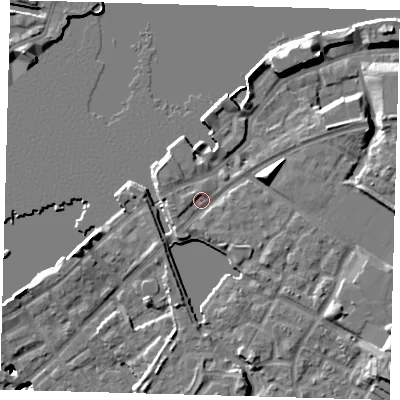 Shaded relief map of the ground around SE165PQ, computed from Environment Agency LiDAR. The ground here sits at about 5 m above sea level and falls 19 m across the surrounding 800 m. Surface water reaching this point runs off ground lying to the east-north-east, 5.3 m higher.