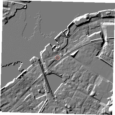 Shaded relief map of the ground around SE165PR, computed from Environment Agency LiDAR. The ground here sits at about 5 m above sea level and falls 21 m across the surrounding 800 m. Surface water reaching this point runs off ground lying to the east, 6.1 m higher.