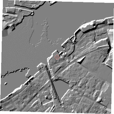 Shaded relief map of the ground around SE165QF, computed from Environment Agency LiDAR. The ground here sits at about 5 m above sea level and falls 9 m across the surrounding 800 m. Surface water reaching this point runs off ground lying to the west, 0.8 m higher.