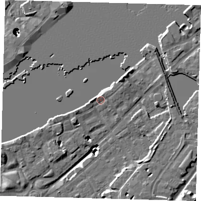 Shaded relief map of the ground around SE165QH, computed from Environment Agency LiDAR. The ground here sits at about 4 m above sea level and falls 22 m across the surrounding 800 m. Surface water reaching this point runs off ground lying to the west-north-west, 1.3 m higher.