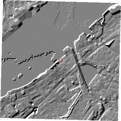 Shaded relief map of the ground around SE165QL, computed from Environment Agency LiDAR. The ground here sits at about 4 m above sea level and falls 20 m across the surrounding 800 m. Surface water reaching this point runs off ground lying to the north-east, 4.4 m higher.
