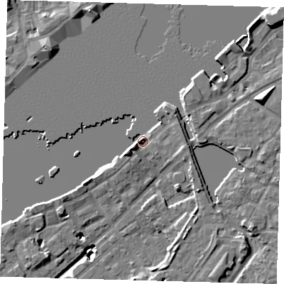 Shaded relief map of the ground around SE165QN, computed from Environment Agency LiDAR. The ground here sits at about 5 m above sea level and falls 20 m across the surrounding 800 m. Surface water reaching this point runs off ground lying to the north-east, 4.4 m higher.