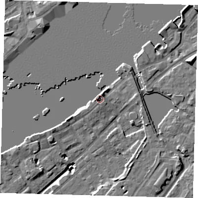 Shaded relief map of the ground around SE165QQ, computed from Environment Agency LiDAR. The ground here sits at about 5 m above sea level and falls 20 m across the surrounding 800 m. Surface water reaching this point runs off ground lying to the north-east, 4.4 m higher.