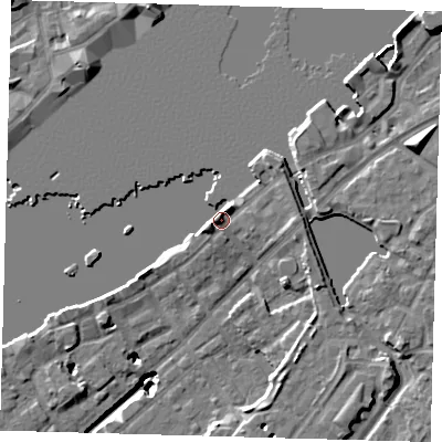 Shaded relief map of the ground around SE165QR, computed from Environment Agency LiDAR. The ground here sits at about 5 m above sea level and falls 20 m across the surrounding 800 m. Surface water reaching this point runs off ground lying to the north-east, 4.4 m higher.