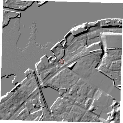 Shaded relief map of the ground around SE165QS, computed from Environment Agency LiDAR. The ground here sits at about 5 m above sea level and falls 15 m across the surrounding 800 m. Surface water reaching this point runs off ground lying to the east-south-east, 6.1 m higher.