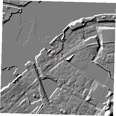 Shaded relief map of the ground around SE165QX, computed from Environment Agency LiDAR. The ground here sits at about 4 m above sea level and falls 17 m across the surrounding 800 m. Surface water reaching this point runs off ground lying to the east, 6.1 m higher.
