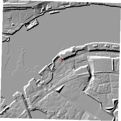 Shaded relief map of the ground around SE165QY, computed from Environment Agency LiDAR. The ground here sits at about 5 m above sea level and falls 12 m across the surrounding 800 m. Surface water reaching this point runs off ground lying to the south, 6.1 m higher.
