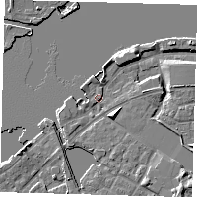 Shaded relief map of the ground around SE165RD, computed from Environment Agency LiDAR. The ground here sits at about 6 m above sea level and falls 11 m across the surrounding 800 m. Surface water reaching this point runs off ground lying to the south-east, 6.1 m higher.