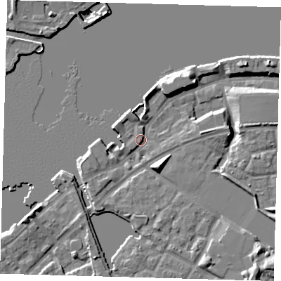 Shaded relief map of the ground around SE165RE, computed from Environment Agency LiDAR. The ground here sits at about 6 m above sea level and falls 11 m across the surrounding 800 m. Surface water reaching this point runs off ground lying to the south-east, 6.1 m higher.