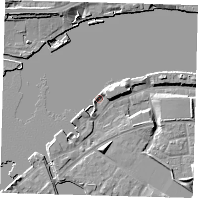Shaded relief map of the ground around SE165RF, computed from Environment Agency LiDAR. The ground here sits at about 5 m above sea level and falls 12 m across the surrounding 800 m. Surface water reaching this point runs off ground lying to the north-east, 5.1 m higher.