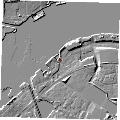 Shaded relief map of the ground around SE165RG, computed from Environment Agency LiDAR. The ground here sits at about 6 m above sea level and falls 11 m across the surrounding 800 m. Surface water reaching this point runs off ground lying to the south-south-east, 6.1 m higher.