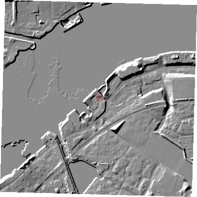 Shaded relief map of the ground around SE165RH, computed from Environment Agency LiDAR. The ground here sits at about 5 m above sea level and falls 11 m across the surrounding 800 m. Surface water reaching this point runs off ground lying to the north, 1.9 m higher.