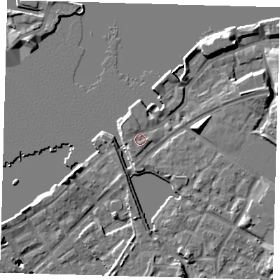 Shaded relief map of the ground around SE165RJ, computed from Environment Agency LiDAR. The ground here sits at about 5 m above sea level and falls 13 m across the surrounding 800 m. Surface water reaching this point runs off ground lying to the south-south-west, 1.1 m higher.
