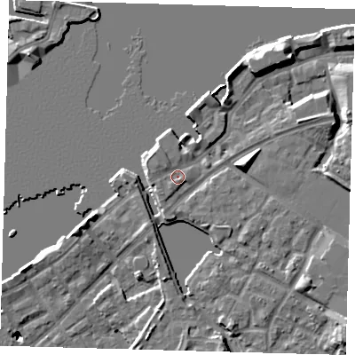 Shaded relief map of the ground around SE165RL, computed from Environment Agency LiDAR. The ground here sits at about 5 m above sea level and falls 14 m across the surrounding 800 m. Surface water reaching this point runs off ground lying to the west-north-west, 1.6 m higher.