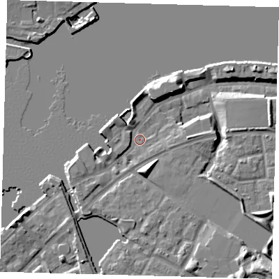 Shaded relief map of the ground around SE165RN, computed from Environment Agency LiDAR. The ground here sits at about 4 m above sea level and falls 13 m across the surrounding 800 m. Surface water reaching this point runs off ground lying to the south, 6.1 m higher.